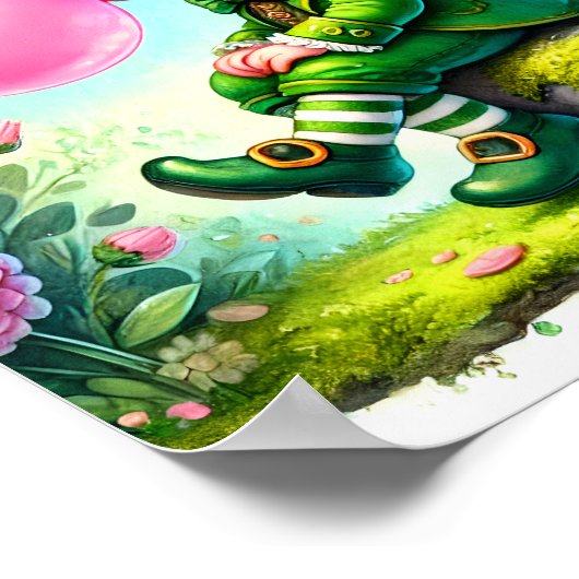 ラッパーのような口でピンクのガムをふくらませる妖精の聖パトリックの日のイラスト ポスター (角)