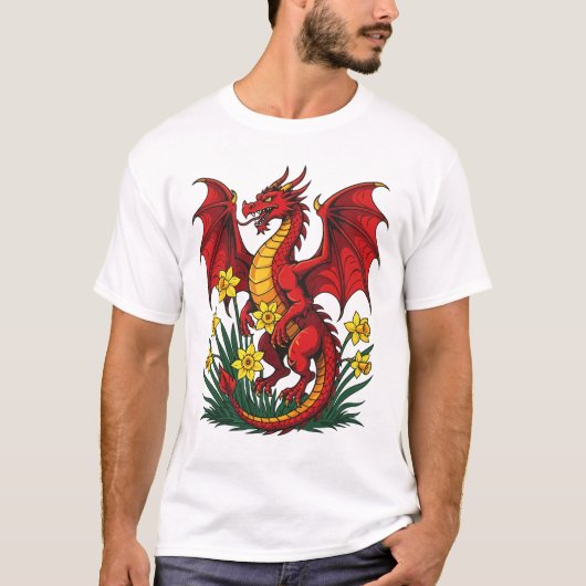 ラッパ水仙の中に立つレッドドラゴン Tシャツ (正面)