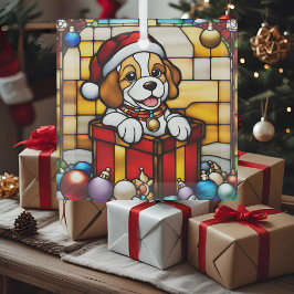 ラッピングされたクリスマスパピーの疑似ステンドグラス ガラスオーナメント