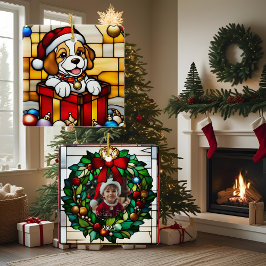 ラッピングされたクリスマスパピーの疑似ステンドグラス セラミックオーナメント