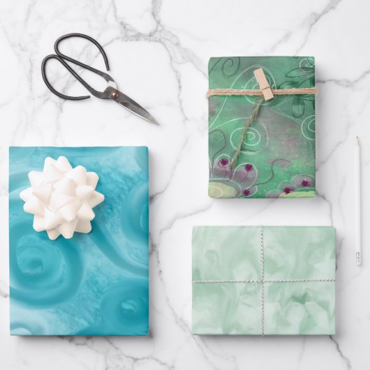 ラッピング紙シートセット3pc抽象芸術ブルーグリーン ラッピングペーパーシート (正面)
