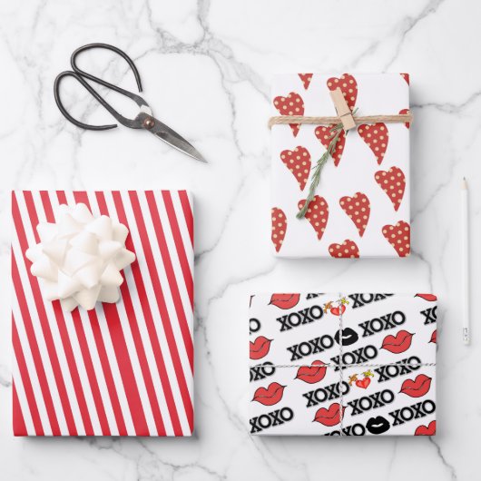 ラッピング紙シートバレンタインのストライプハートXo ラッピングペーパーシート (正面)