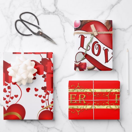 ラッピング紙シートバレンタイン赤いハート ラッピングペーパーシート (正面)