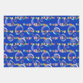 ラッピング紙セット3、青、およびティール（緑がかった色）の色調 ラッピングペーパーシート