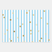 ラッピング紙セット – 青い金ゴールドストライプ水玉模様 ラッピングペーパーシート (正面)