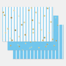 ラッピング紙セット – 青い金ゴールドストライプ水玉模様