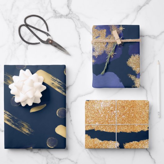 ラッピング紙フラットシートセット3青と金ゴールド ラッピングペーパーシート (正面)