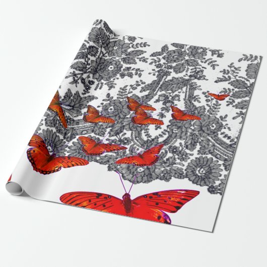 ラッピング紙白黒レッド蝶 ラッピングペーパー (アンロールド)
