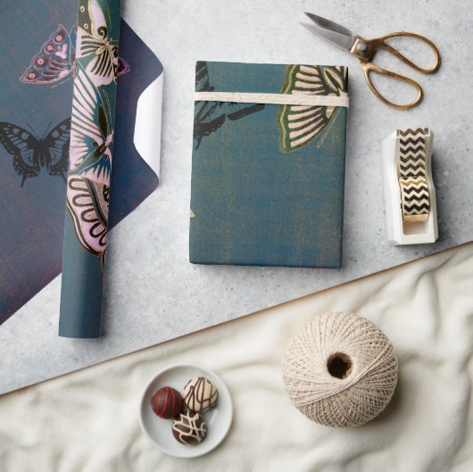 ラッピング紙蝶と青 ラッピングペーパー (クラフト)