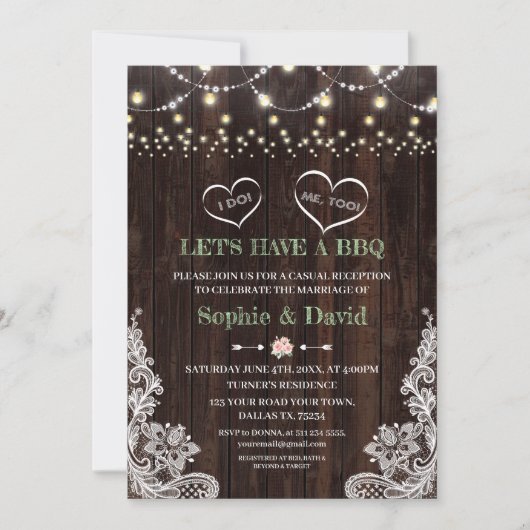 ラッピング ピンク ブルッシュ フラワーストリング ライト バーン 私も BBQ 招待状 (正面)