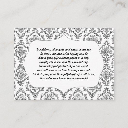 ラップインサートカードベビーシャワーブラックダマスクなし エンクロージャーカード (正面)