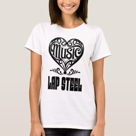 ラップスティールギター愛好家のための優雅なスクロールハート Tシャツ (正面)