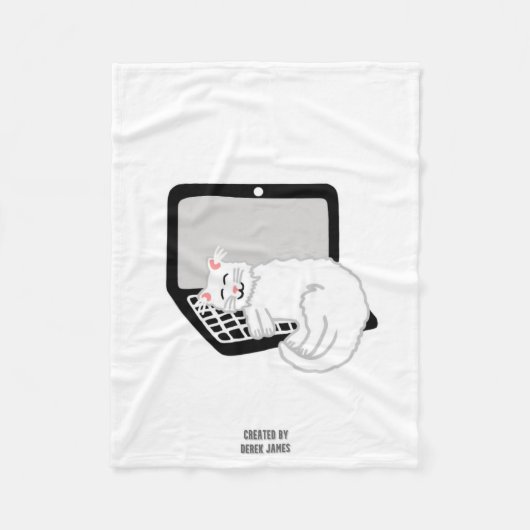 ラップトップで眠っている白い猫スモールフリースブランケット フリースブランケット (正面)