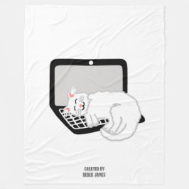 ラップトップで眠っている白猫の大きなフリースブランケット フリースブランケット