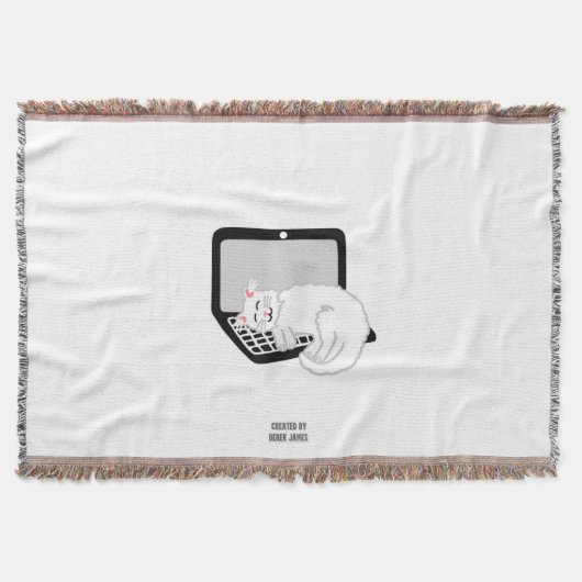 ラップトップで眠っている白猫ブランケット スローブランケット (正面)