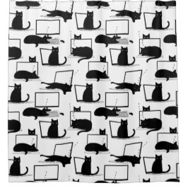 ラップトップに座っている黒猫のパターン シャワーカーテン