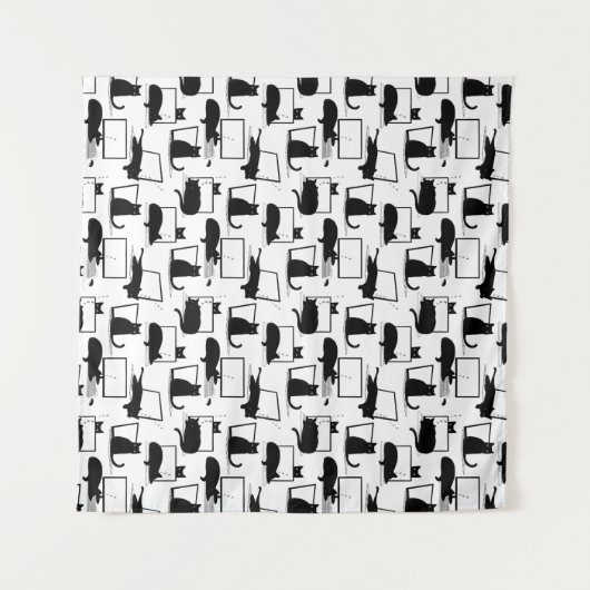 ラップトップに座っている黒猫のパターン タペストリー (正面(横))