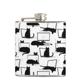 ラップトップに座っている黒猫のパターン フラスク