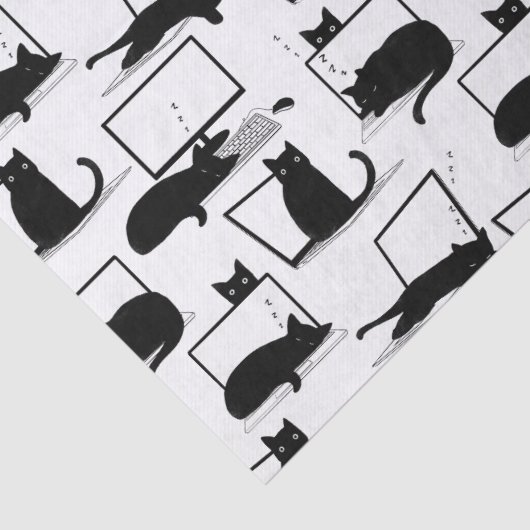 ラップトップに座っている黒猫のパターン 薄葉紙 (詳細)
