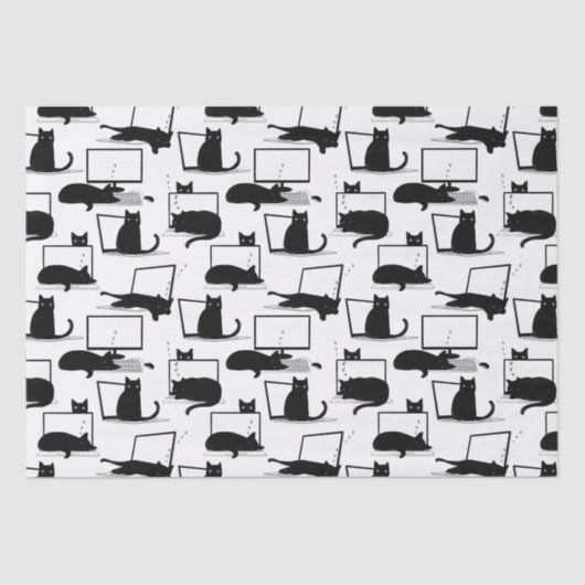 ラップトップに座っている黒猫のパターン 薄葉紙 (正面)