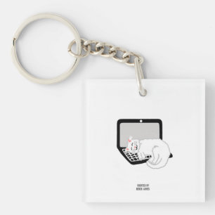 ラップトップのSquare Keychainで眠っている白い猫 キーホルダー