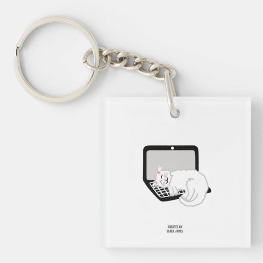 ラップトップのSquare Keychainで眠っている白い猫 キーホルダー (正面)