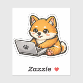 ラップトップを持つかわいい柴犬 – 居心地の良い犬のイラスト シール