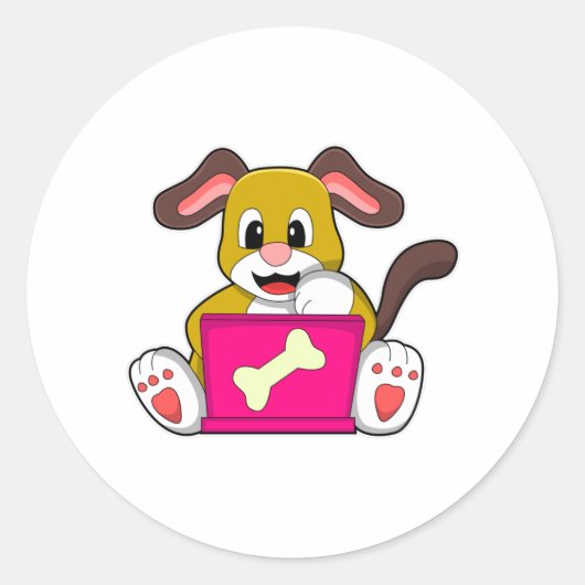 ラップトップを持つ犬 ラウンドシール (正面)