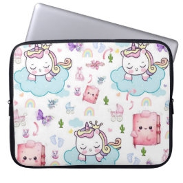 ラップトップスリーブ ピンク、青いユニコーン 虹色の猫