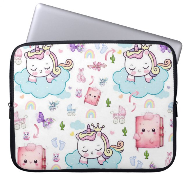 ラップトップスリーブ ピンク、青いユニコーン 虹色の猫 (正面)