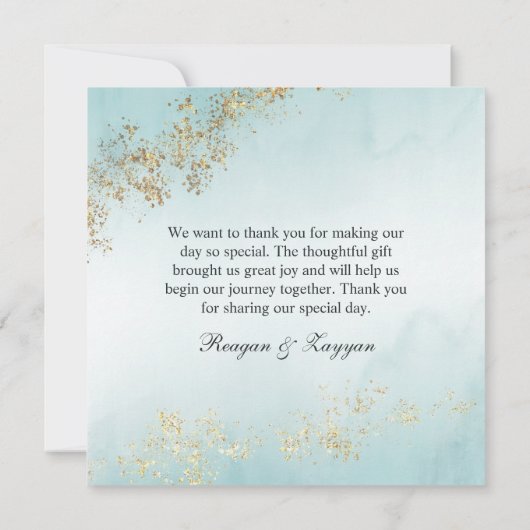 ラッモダンクス金ゴールドフレックスティール(緑がかった色)ミスト結婚ーズ サンキューカード (裏面)