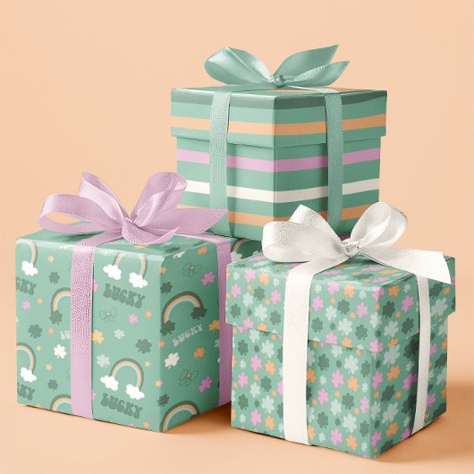 ラッ淡い色のクお洒落・グリーン・セント・パトリックの3セット ラッピングペーパーシート