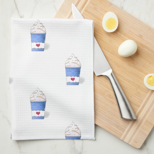 ラテとホイップクリーム（青） キッチンタオル (四つ折り)