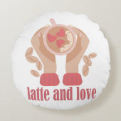 ラテとラブカップ、手とコーヒー引用文 ラウンドクッション (正面)