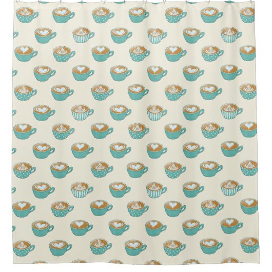 ラテアートかわいいブルーコーヒーマグ シャワーカーテン (正面)