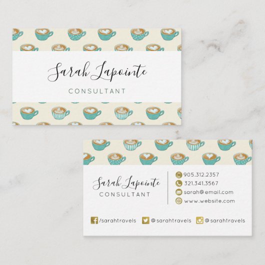 ラテアートかわいいブルーコーヒーマグ 名刺 (正面/裏面)