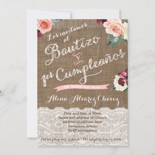 ラティーノバプテスマ&ファースト誕生日カードスペインのイン 招待状 (正面)