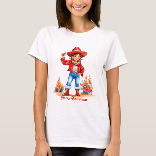 ラティーノ女性のカーボーイバケラクリスマス Tシャツ (正面)