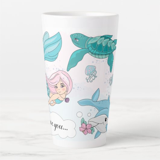 ラテコーヒー背の高いマグカップパーソナライズされたマーメイド カフェラテマグ (正面)