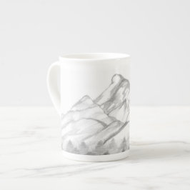ラテマグに描かれた鉛筆画の山々 ボーンチャイナマグカップ