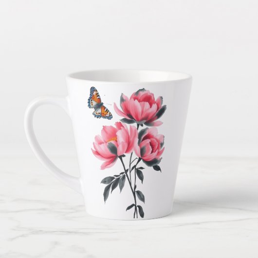 ラテマグカップ – ピンク牡丹の花,蝶 カフェラテマグ (左)