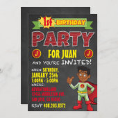 ラテンアメリカ系のスーパーヒーローの招待状。 子供の誕生会 招待状 (正面/裏面)