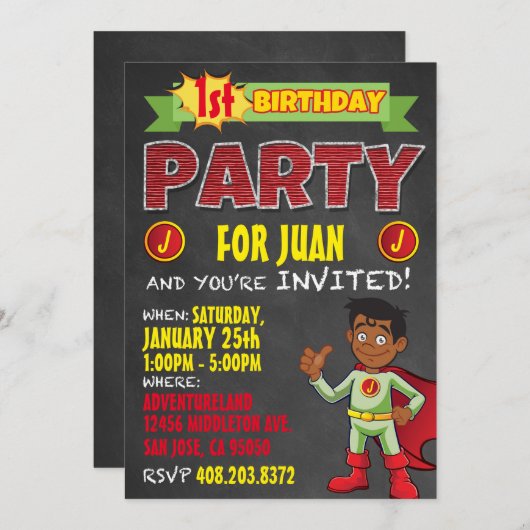 ラテンアメリカ系のスーパーヒーローの招待状。 子供の誕生会 招待状 (正面/裏面)