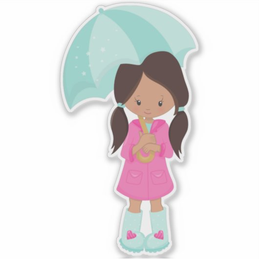 ラテンアメリカ系女性ガール、レインコートのガール、傘を持つガール シール (正面)