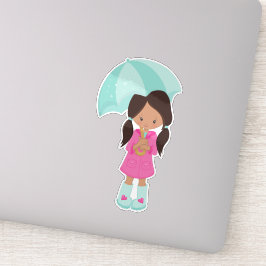 ラテンアメリカ系女性ガール、レインコートのガール、傘を持つガール シール
