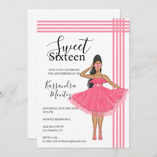 ラテンアメリカ系女性バーベピンクスウィート16th 招待状 (正面/裏面)