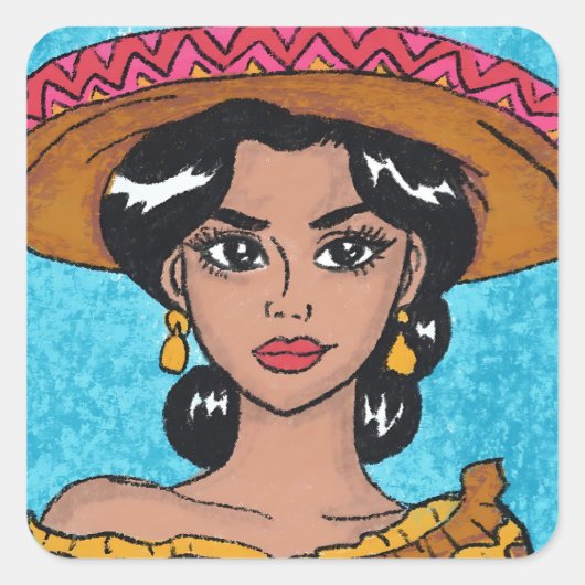 ラテンアメリカ系女性手描きソンブレロ スクエアシール (正面)