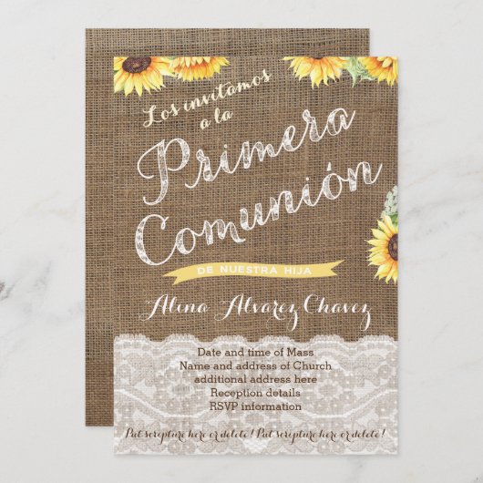ラテン系の女の子のスペイン語初聖体拝領招待状 招待状 (正面/裏面)