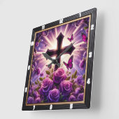 ラディアントクロスパープルバラ蝶 スクエア壁時計 (傾斜)