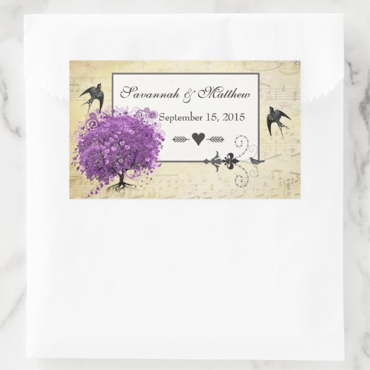 ラディアントパープルハートリーフ結婚の木 長方形シール (バッグ)